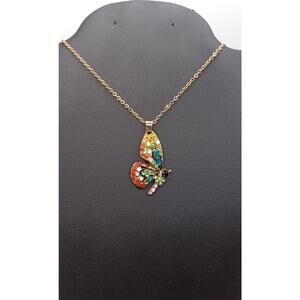 Colorful Butterfly Pendant Necklace Stainless Steel Chain Crystal Accents 17–19"